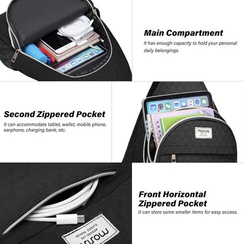 MOSISO Sling Backpack, Rhombus Quilted Crossbody Bag with Front Pockets Casual Chest Shoulder Travel Hiking Daypack Bag, Black in Saudi Arabia