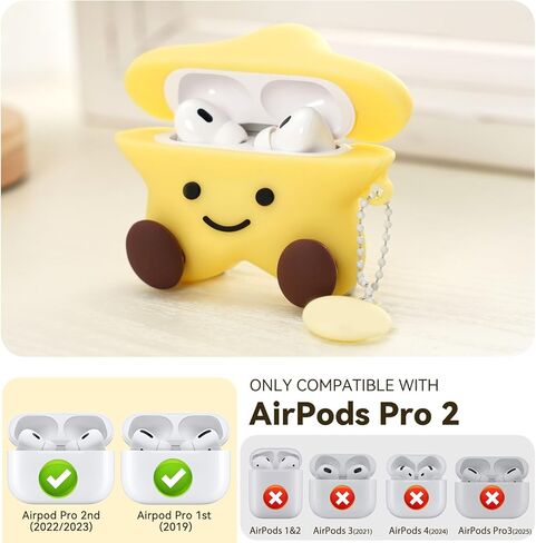 حافظة لطيفة متوافقة مع غطاء حافظة AirPods 4 2024، حافظة من الجيل الرابع من الرسوم المتحركة ثلاثية الأبعاد من Kawaii Funny AirPods، غطاء واقٍ من السيليكون على شكل نجمة مع مجموعة أدوات تنظيف وسلسلة مفاتيح للنساء والفتيات (أصفر) in Kuwait
