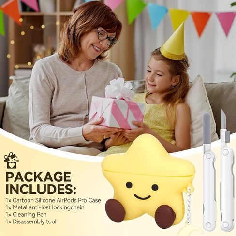 حافظة لطيفة متوافقة مع غطاء حافظة AirPods 4 2024، حافظة من الجيل الرابع من الرسوم المتحركة ثلاثية الأبعاد من Kawaii Funny AirPods، غطاء واقٍ من السيليكون على شكل نجمة مع مجموعة أدوات تنظيف وسلسلة مفاتيح للنساء والفتيات (أصفر) in Kuwait