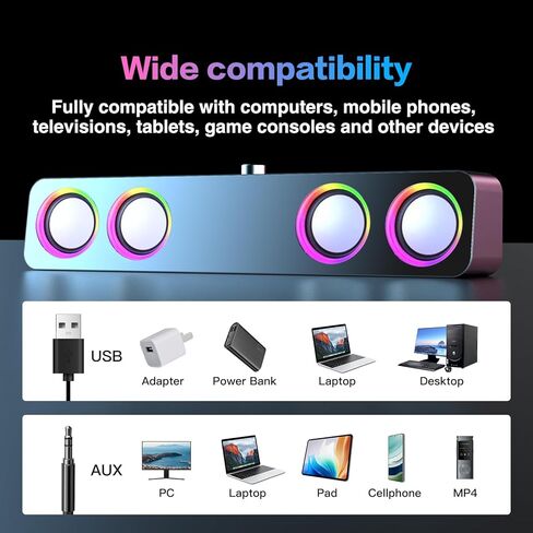 مكبرات صوت للكمبيوتر المكتبي، مكبرات صوت 2.0 قناة مع إضاءة RGB ثابتة وتحكم في مستوى الصوت، تتميز بإدخال 3.5 مم ووصلة تشغيل تعمل بالطاقة USB، متوافقة مع الشاشات وأجهزة الكمبيوتر المحمولة in Kuwait
