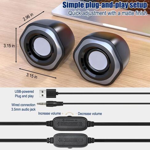 3" Computer Speaker for Desktop or Laptop PC,USB C/USB-Powered,Crystal Clear Sound,Rich Bass,Loud Volume,Direct Control,Plug-N-Play - Black in Saudi Arabia