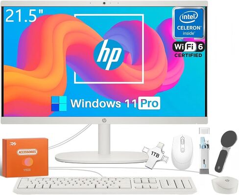 كمبيوتر مكتبي HP All in One للمنزل، Intel Celeron J4025، 21.5 بوصة FHD مضاد للتوهج، WiFi 6، 16 جيجابايت DDR4، 1 تيرابايت SSD، محرك فلاش USB 1 تيرابايت، كمبيوتر منزلي، لوحة مفاتيح وماوس سلكي، Windows 11 Pro، مع ملحقات in Saudi Arabia