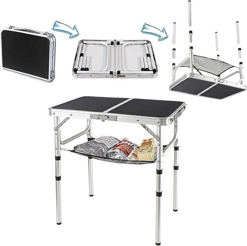 Small Folding Table 2 Foot, Portable Camping Table with Mesh Holders,Lightweight Aluminum Adjustable Height, with Carry Handle for Camping Picnic Indoor Outdoor, White 24 x 16 inch (3 Heights） in Kuwait