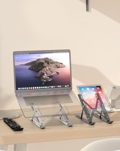 حامل كمبيوتر محمول قابل للتعديل للمكتب، حامل كمبيوتر محمول محمول بارتفاع 6 مستويات، حامل كمبيوتر محمول مريح قابل للطي، لأجهزة الكمبيوتر المحمول والأجهزة اللوحية مقاس 10-15.6 بوصة، من الألومنيوم (فضي) in Saudi Arabia
