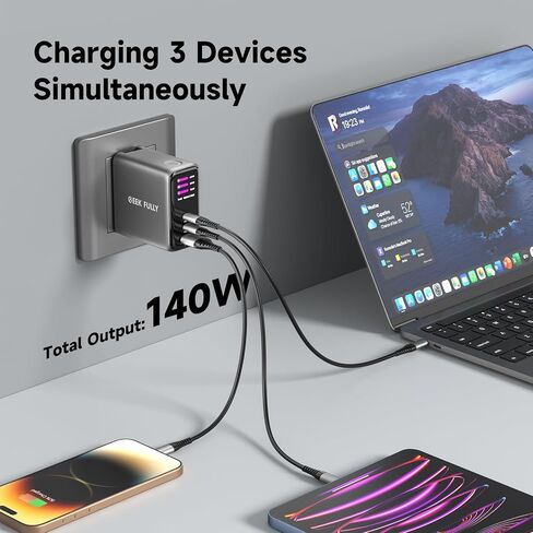 140W MAX USB C Charger | 3-Port Fast Charging Station (2xUSB-C PD3.1 + USB-A QC3.0) | Intuitive Touch Controls, for for MacBook, iPhone 17/16 Series, Samsung Galaxy, Pixel and More in Saudi Arabia