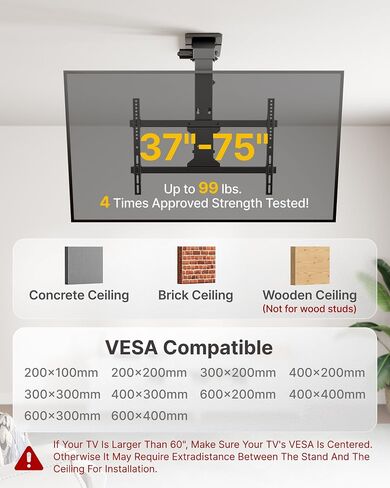 monTEK Motorized Ceiling TV Mount with Remote for 37-75 Inch TVs, Electric TV Mount Motorized Drop Down for Flat and Pitched Roof,Holds up to 99 lbs, 4X Load Tested, App and Voice Control in Saudi Arabia