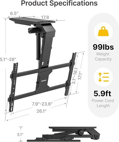 monTEK Motorized Ceiling TV Mount with Remote for 37-75 Inch TVs, Electric TV Mount Motorized Drop Down for Flat and Pitched Roof,Holds up to 99 lbs, 4X Load Tested, App and Voice Control in Saudi Arabia