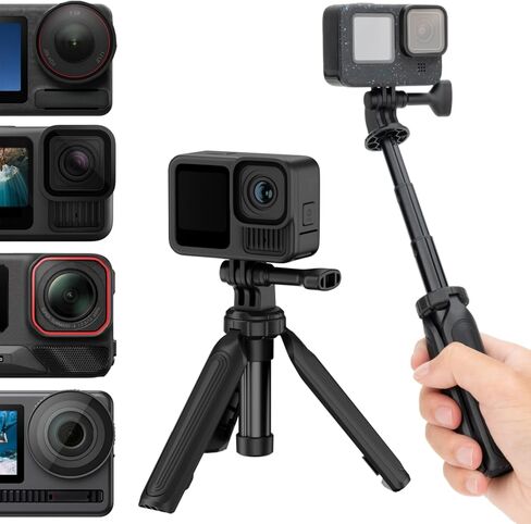 JJC Mini Selfie Stick Tripod Compatible with Gopro Hero 13 12 11 10 9, Small Portable Handle Grip for DJI Osmo Action 6 5 pro 4 3 Insta360 Ace Pro 2 Extension Pole, for Video Recording Vlogging,Black in Saudi Arabia