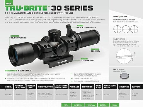 TRUGLO Tru-Brite 30 Series 3-9x42mm Tactical Hunting Shooting Durable Waterproof Fogproof Shock Resistant 30mm Aluminum Tube Dual-Color Illuminated Reticle Riflescope with Mount Included in Saudi Arabia