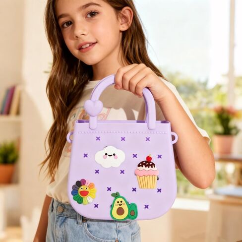 Mini Silicone Tote Bag, Rubber Beach Tote with Adjustable Strap &25pcs Cute Decorations for Little Girl & Woman in Kuwait