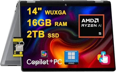 HP OmniBook X Flip 2-in-1 Laptop 14" WUXGA IPS Touch (400nits) AMD 6-core Ryzen AI 5 340 (Up to 50 Tops) 16GB RAM 512GB SSD for Creator Designer Business Professional Win11Pro ICP Hub/Copilot+ AI PC in Saudi Arabia