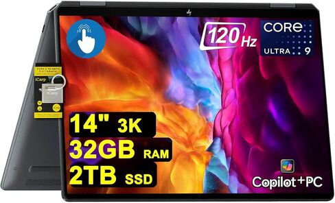 كمبيوتر محمول HP OmniBook Ultra Flip 2 في 1 مقاس 14 بوصة 3K OLED Touch Intel 8-core Ultra 9 Series 2 288V (حتى 48 سطحًا) وذاكرة وصول عشوائي 32 جيجابايت ومحرك أقراص SSD سعة 2 تيرابايت لمنشئ الأعمال الاحترافي Win11 ICP Hub/Copilot+ AI PC in Saudi Arabia