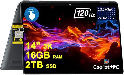 كمبيوتر محمول HP OmniBook Ultra Flip 2 في 1 مقاس 14 بوصة 3K OLED Touch Intel 8-core Ultra 9 Series 2 288V (حتى 48 سطحًا) وذاكرة وصول عشوائي 32 جيجابايت ومحرك أقراص SSD سعة 2 تيرابايت لمنشئ الأعمال الاحترافي Win11 ICP Hub/Copilot+ AI PC in Saudi Arabia