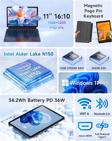11 بوصة 2 في 1 أجهزة الكمبيوتر المحمولة ، Windows 11 شاشة اللمس كمبيوتر متوافق مع Intel N150 ، 12 جيجابايت RAM 512GB SSD ، 1920x1200 IPS FHD Tablet USB-C/HDMI/SD WIFI 6 in Kuwait