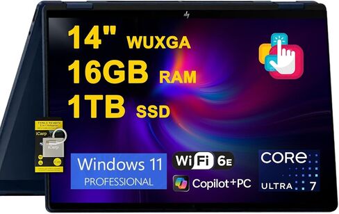 HP OmniBook X Flip 2-in-1 Laptop 14" WUXGA IPS Touch (400nits) Intel 8-core Ultra 7 256V (Up to 47 Tops) 16GB RAM 1TB SSD for Creator Designer Business Professional Win11Pro ICP Hub/Copilot+ AI PC in Saudi Arabia