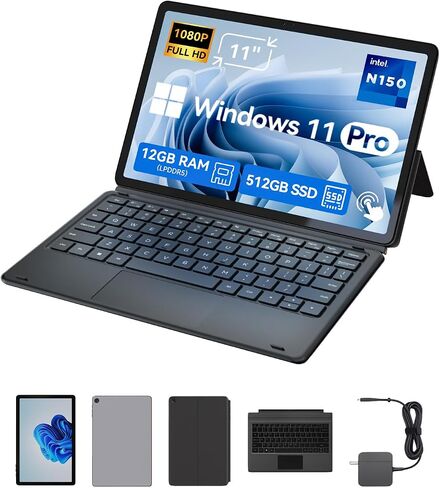 11 inch 2-in-1 Laptops, Win 11 Touchscreen PC Compatible with Twin Lake N150, 12GB RAM 512GB SSD, 1920x1200 IPS FHD Tablet USB-C/HDMI WiFi 6 with Magnetic Keyboard and Kickstand in Saudi Arabia