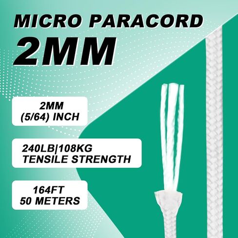 2mm Micro Paracord - Thin Braided 270lb Strength 3-Strand Parachute Cord, 165FT/50M Spool | Versatile Utility Rope for Camping, Hiking, Outdoor Adventures & DIY Projects,White in Kuwait