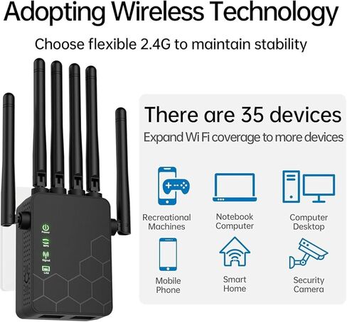 معزز إشارة موسعات واي فاي للمنزل طويل المدى يصل إلى 11000 قدم مربع لأكثر من 35 جهازًا، معزز واي فاي موسع الإنترنت، موسع واي فاي طويل المدى، مع 6 هوائيات، منفذ إيثرنت بتغطية كاملة 360 درجة (أسود) in Kuwait