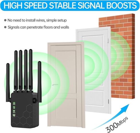 معزز إشارة موسعات واي فاي للمنزل طويل المدى يصل إلى 11000 قدم مربع لأكثر من 35 جهازًا، معزز واي فاي موسع الإنترنت، موسع واي فاي طويل المدى، مع 6 هوائيات، منفذ إيثرنت بتغطية كاملة 360 درجة (أسود) in Kuwait