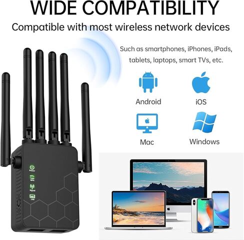 معزز إشارة موسعات واي فاي للمنزل طويل المدى يصل إلى 11000 قدم مربع لأكثر من 35 جهازًا، معزز واي فاي موسع الإنترنت، موسع واي فاي طويل المدى، مع 6 هوائيات، منفذ إيثرنت بتغطية كاملة 360 درجة (أسود) in Kuwait