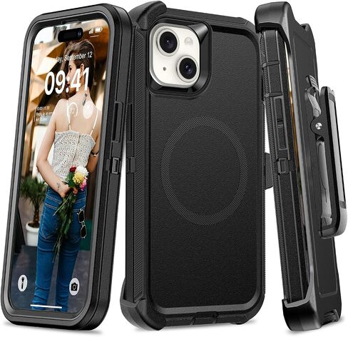 متوافق مع حافظة iPhone 14 Plus&15 Plus مع حافظة مشبك حزام، مقاومة للصدمات من الدرجة العسكرية، متوافقة مع MagSafe، 3 طبقات، غطاء هاتف مغناطيسي عالي التحمل، 6.7 بوصة، أسود in Kuwait