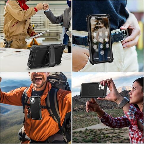 متوافق مع حافظة iPhone 14 Plus&15 Plus مع حافظة مشبك حزام، مقاومة للصدمات من الدرجة العسكرية، متوافقة مع MagSafe، 3 طبقات، غطاء هاتف مغناطيسي عالي التحمل، 6.7 بوصة، أسود in Kuwait
