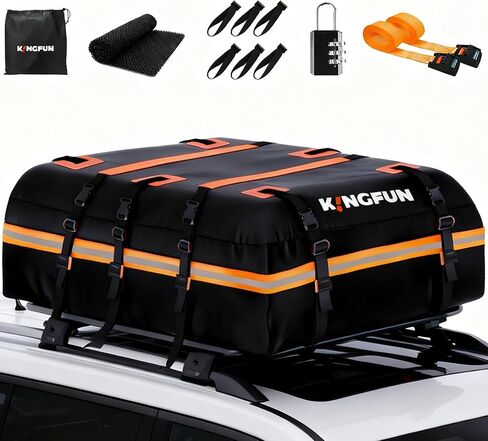 حقيبة حمل البضائع على سطح السيارة من Kingfun، مقاومة للماء بطول 20 قدم مكعب، حامل أمتعة على سطح السيارة لجميع المركبات مع/بدون رفوف، تتضمن حصيرة مضادة للانزلاق، 8 أشرطة معززة، 6 خطافات للأبواب، قفل للأمتعة in Kuwait