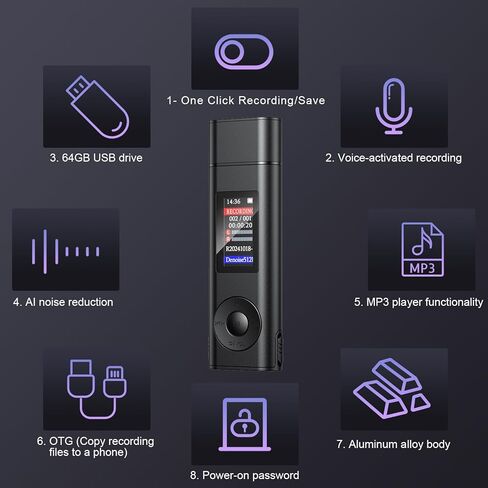 Digital Voice Recorder with 64GB Storage, Voice Activated Recording, USB Connectivity, Playback Function for Meetings, Interviews, Classroom in Kuwait