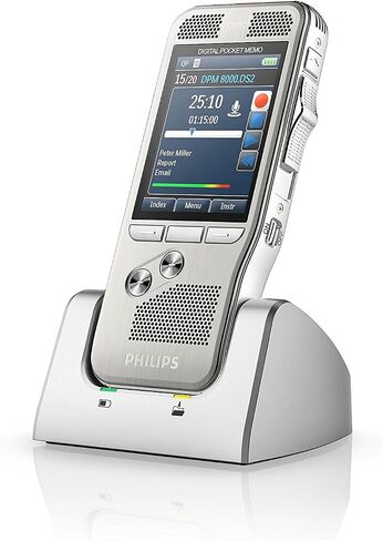 Philips DPM8000 Digital Voice Recorder, Slide Switch Operation, 3D Microphone for Stereo Sound Recording, Colour Display, Stainless Steel Housing, Includes Voice Recorder Software SpeechExec Pro 2 in Saudi Arabia