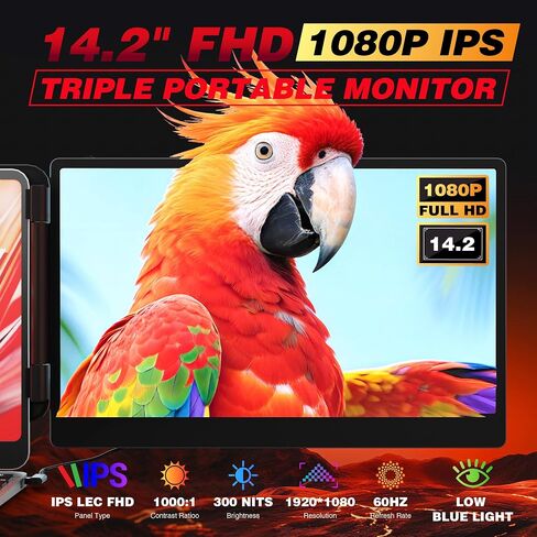 شاشة ثلاثية موسع لشاشة الكمبيوتر المحمول، شاشة محمولة متعددة مقاس 14.2 بوصة FHD 1080P IPS رفيعة للغاية، HDMI/USB-A/Type-C والتوصيل والتشغيل، تناسب أجهزة الكمبيوتر المحمولة مقاس 13-17 بوصة، متوافقة مع Windows/macOS/Android/Switch in Kuwait