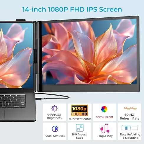 Laptop Screen Extender 1.87lbs Ultra-Portable & Ultra Slim, 14.2" FHD 1080P Dual Portable Monitor for 14"-17.3" Laptop, Plug & Play Travel Monitor Extender Compatible with Wins/Mac/Chrome/Android in Saudi Arabia