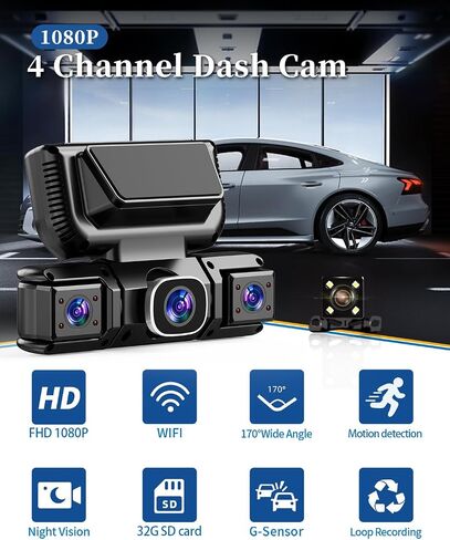 360° View Dash Cam 4 Channel Dash Cam Front Rear and Inside with 5GHz WiFi & App Control, 170°Wide Angle Camera for Car, Loop Recording, Night Vision, G-Sensor, Parking Mode, Included 32GB Card in Saudi Arabia