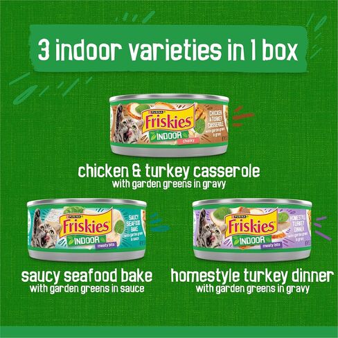 Purina Friskies Indoor Cat Food 24ct VP - (Chicken and Turkey Casserole, Saucy Seafood Bake, Homestyle Turkey Dinner) - (Pack of 24) 5.5 oz. Cans in Kuwait