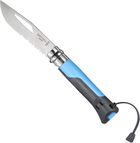 Opinel رقم 08 سكين قابل للطي للاستخدام الخارجي + أداة متعددة - شفرة من الفولاذ المقاوم للصدأ مسننة جزئيًا، مقبض غير قابل للانزلاق، صفارة نجاة، مفتاح تكبل in Kuwait