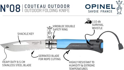 Opinel رقم 08 سكين قابل للطي للاستخدام الخارجي + أداة متعددة - شفرة من الفولاذ المقاوم للصدأ مسننة جزئيًا، مقبض غير قابل للانزلاق، صفارة نجاة، مفتاح تكبل in Kuwait