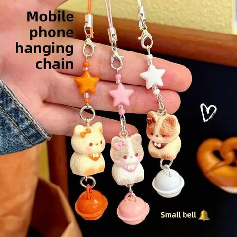 Cute Cartoon Three Dimensional Cat Bell Mobile Phone Lanyard Beaded Matching Keychain Fashion Bag Charm Accessories in Saudi Arabia