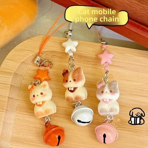 Cute Cartoon Three Dimensional Cat Bell Mobile Phone Lanyard Beaded Matching Keychain Fashion Bag Charm Accessories in Saudi Arabia