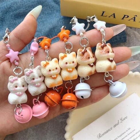 Cute Cartoon Three Dimensional Cat Bell Mobile Phone Lanyard Beaded Matching Keychain Fashion Bag Charm Accessories in Saudi Arabia