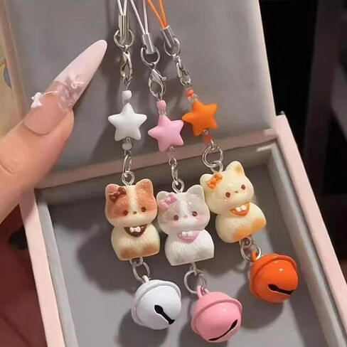Cute Cartoon Three Dimensional Cat Bell Mobile Phone Lanyard Beaded Matching Keychain Fashion Bag Charm Accessories in Saudi Arabia
