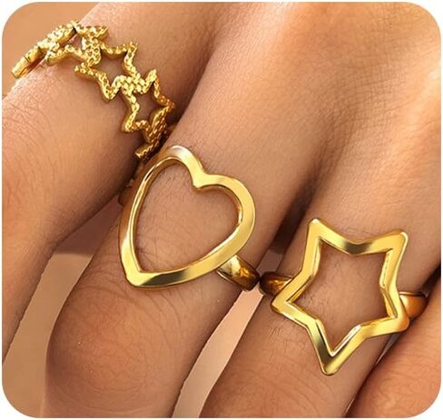 Gold Star Rings Y2k Accessories,Stainless Steel Chunky Pentagram Heart Knuckle Rings for Women,Silver Cool Stackable Finger Rings Pack Punk Jewelry in Kuwait