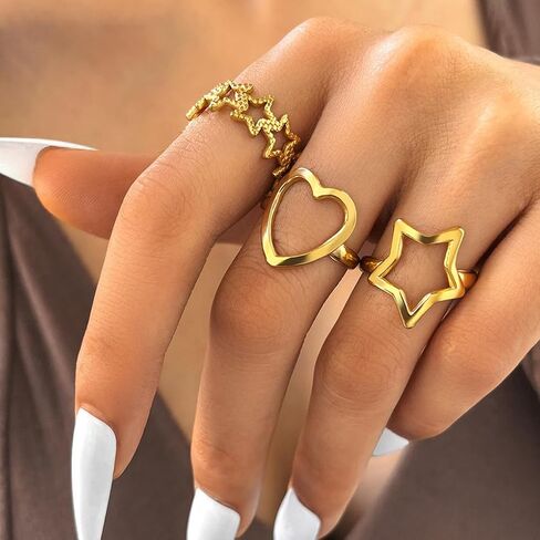 Gold Star Rings Y2k Accessories,Stainless Steel Chunky Pentagram Heart Knuckle Rings for Women,Silver Cool Stackable Finger Rings Pack Punk Jewelry in Kuwait