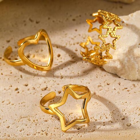 Gold Star Rings Y2k Accessories,Stainless Steel Chunky Pentagram Heart Knuckle Rings for Women,Silver Cool Stackable Finger Rings Pack Punk Jewelry in Kuwait
