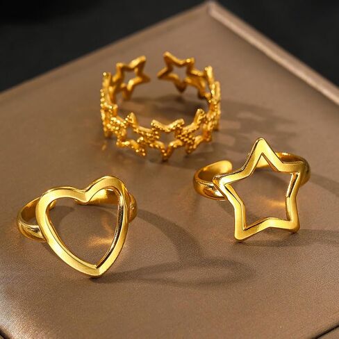 Gold Star Rings Y2k Accessories,Stainless Steel Chunky Pentagram Heart Knuckle Rings for Women,Silver Cool Stackable Finger Rings Pack Punk Jewelry in Kuwait