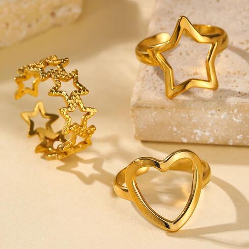 Gold Star Rings Y2k Accessories,Stainless Steel Chunky Pentagram Heart Knuckle Rings for Women,Silver Cool Stackable Finger Rings Pack Punk Jewelry in Kuwait