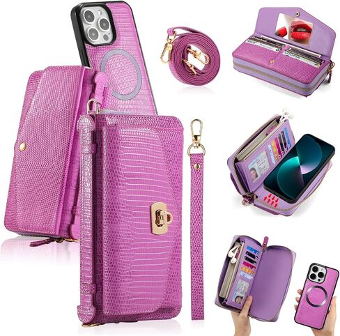 Compatible for iPhone 15 Pro Max Crossbody Phone Case Wallet for Women,Detachable Magnetic,RFID Blocking Card Holder,Zipper Leather Wallet Wrist Lanyard Strap Case.Purple in Saudi Arabia