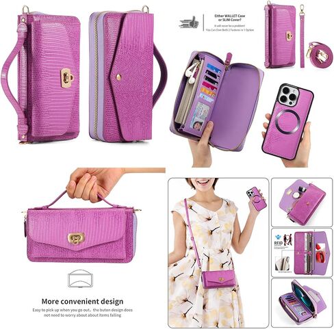 Compatible for iPhone 15 Pro Max Crossbody Phone Case Wallet for Women,Detachable Magnetic,RFID Blocking Card Holder,Zipper Leather Wallet Wrist Lanyard Strap Case.Purple in Saudi Arabia