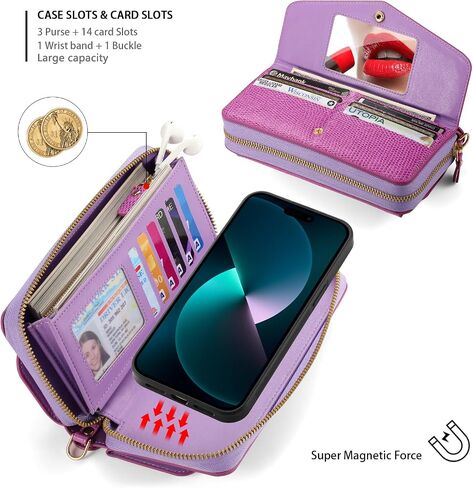 Compatible for iPhone 15 Pro Max Crossbody Phone Case Wallet for Women,Detachable Magnetic,RFID Blocking Card Holder,Zipper Leather Wallet Wrist Lanyard Strap Case.Purple in Saudi Arabia