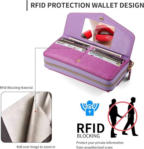 Compatible for iPhone 15 Pro Max Crossbody Phone Case Wallet for Women,Detachable Magnetic,RFID Blocking Card Holder,Zipper Leather Wallet Wrist Lanyard Strap Case.Purple in Saudi Arabia