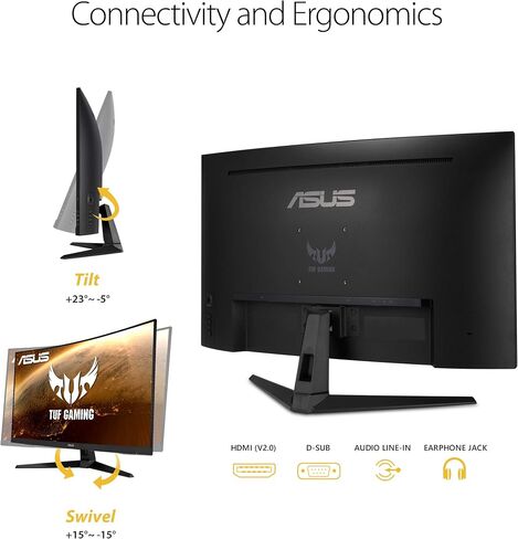 شاشة منحنية ASUS TUF Gaming VG328H1B مقاس 32 بوصة، بدقة 1080 بكسل عالية الدقة بالكامل، و165 هرتز (يدعم 144 هرتز)، وطمس حركة منخفض للغاية، ومزامنة متكيفة، وFreeSync Premium، و1 مللي ثانية، والعناية بالعين، وHDMI D-Sub in Kuwait