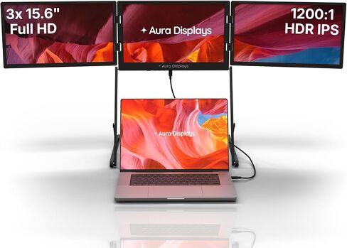 Triple Aero 15.6" Pro Max | Premium Triple Portable Monitor Extender | Full Aluminum | Quad Screens | 3×15.6" FHD 1080P HDR IPS | USB-C & HDMI | Compatible with 11-18" Laptops in Saudi Arabia